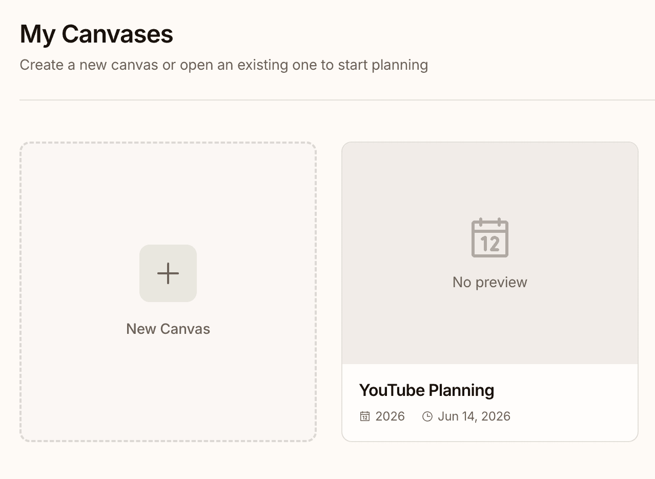 Dashboard showing multiple planning canvases