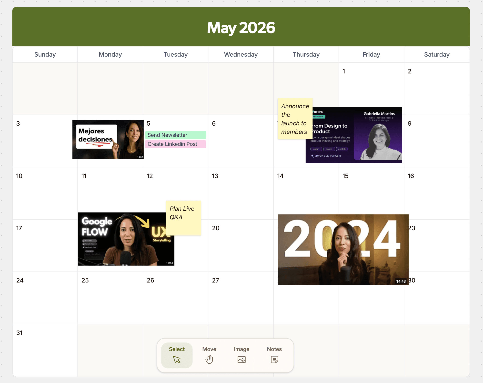 Content calendar with video thumbnails and notes